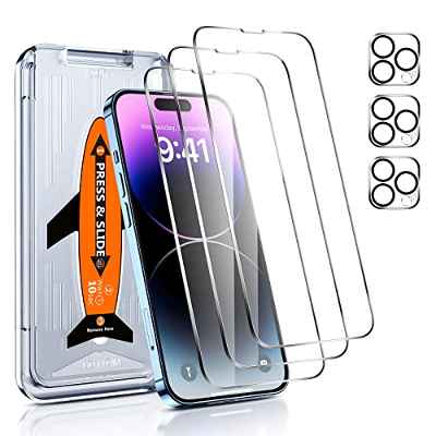 LK [3+3] Pack Protector de Pantalla para iPhone 14 Pro Max 6.7 Pulgada, 3 Pack Cristal Templado y 3 Pack Protector de Cámara de Lente, Doble Protección, Kit de Instalación Incluido