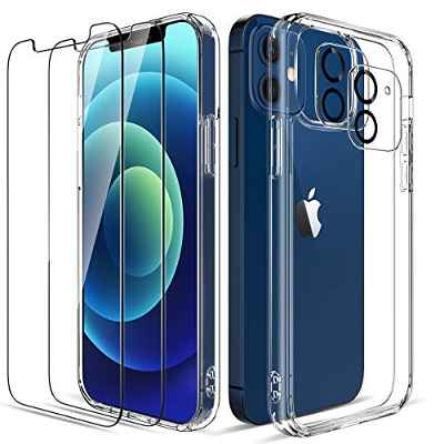 LK Compatible con iPhone 12 5G Cristal Templado Funda 6.1 Pulgadas, 2 Pack HD Cristal Protector de Pantalla y 2 Vidrio Templado Protector Lente Cámara, Transparente Case Cover