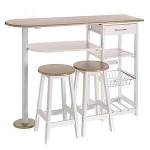 LOLAhome Conjunto de Mesa Alta y 2 taburetes con 1 cajón, 2 estantes, Cesta extraíble y botellero para Cocina de Madera Blanco y Natural