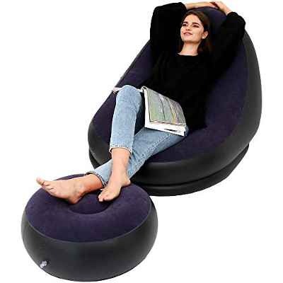 LONEEDY Sillón hinchable aterciopelado para ocio con reposapiés plegable separado para exteriores (azul)