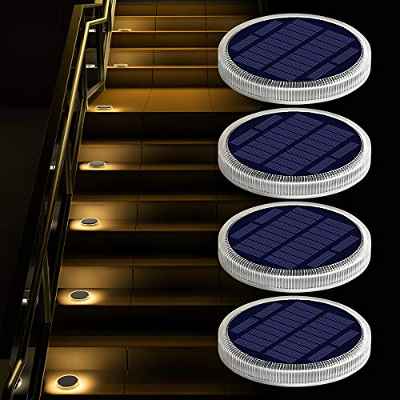 Luces Deck Solares Exterior,Lámpara Solar Jardin 24 LED 360°Iluminación IP68 Impermeable Auto ON/OFF Luz Solar suelo para Step,Patio,Garaje,Camino,Dock Entrada Calle Valla - Blanco Cálido（4 Pack）