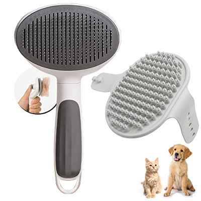 Maddity Set 2 Cepillos Autolimpiable con un Clic y Baño - Cepillo Perro - Cepillo Gatos - Quita Pelos Mascota Pequeña, Medianas y Grandes - Cepillo para gatos accesorios para perros - Peine perro