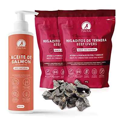 MAIKAI Aceite de Salmon Perros (500ml) + Chuches para Perros 100% Naturales - Higaditos de Ternera Deshidratados 2 x100g - Omega 3 y 6 - Snacks y Premios Saludables