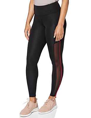 Marca Amazon - AURIQUE Mallas de Deporte de Tiro Alto con Banda Lateral Mujer, Negro (Black/Geranium), 42, Label:L