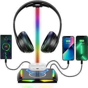 MINIMO HISTORICO New Bee, RGB Soporte Cascos con Cargador 1* USB 2*Tipo C, Universal Soporte con Wireless Charge