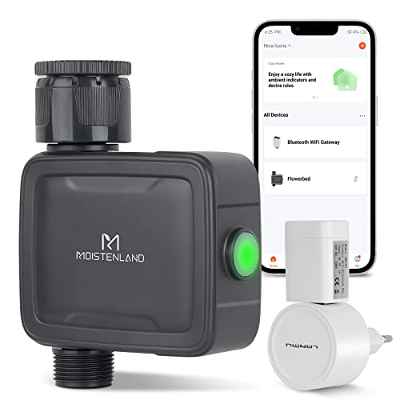 Moistenland Programador de Riego para Jardín, Sistema de Riego para Plantas, Control Remoto del Modo de Riego Automático/Manual/Retardado Mediante Aplicación - with Wi-Fi Hub, Compatible with Alexa