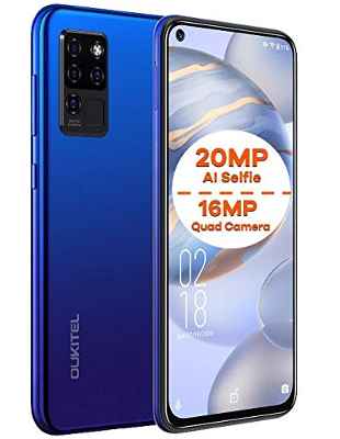 Movil Libre OUKITEL C21, Android 10 Dual SIM Telefono, 20MP AI Selfie + 16MP Cuatro Cámaras, FHD + Pantalla Completa 6.4 '', Octa-Core 4GB+64GB, Desbloqueo Facial, Huella Digital, Tipo-C GPS Negro