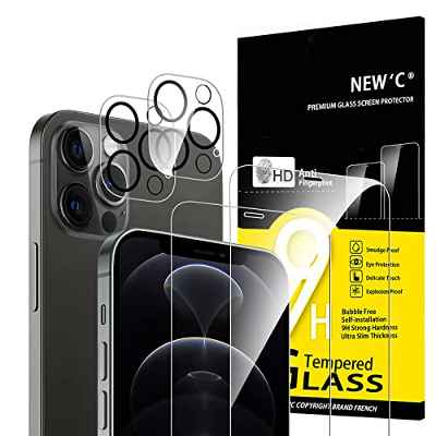 NEW'C [4 Pack, 2 x Protector Pantalla para iPhone 12 Pro Max y 2 x Protector Pantalla Protector de Lente de Cámara - Cristal Templado - Anti-Rayaduras - Ultra Resistente - Cristal Dureza 9H