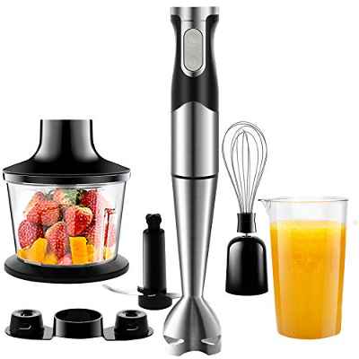 NWOUIIAY Batidora de Mano Eléctrica 1200W 6-EN-1 Batidoras Multifuncionales con Picadora, Batidor de Huevos, Vaso Medidor, Pie Desmontable Batidora de Cocina Función Turbo Cuchilla de Acero Inoxidable