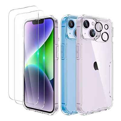 ORETECH [4-in-1] Funda para iPhone 14, con [2X Vidrio Cristal Templado, 1x Cámara Protector de Pantalla y Funda Transparente] Antichoque Anti-Arañazos Carcasa Bumper Case para iPhone 14 6,1" Clara