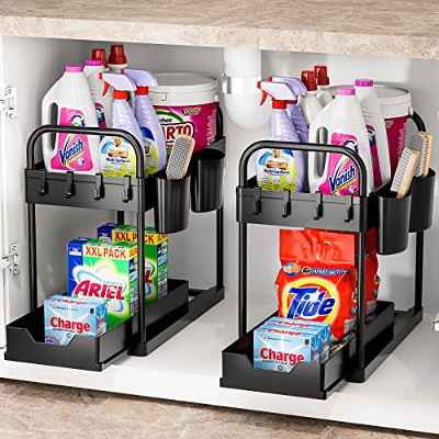 Organizador Cocina 2 Niveles, Deslizable Organizador bajo Fregadero Cocina, Extraíble Estante Almacenamiento Debajo Fregadero con 4 Ganchos y 2 Cesta Colgante para Cajones, Cocina, Baño