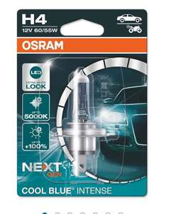 OSRAM COOL BLUE INTENSE H4, +100% más de brillo, hasta 5000 K, lámpara de faro halógena, aspecto LED