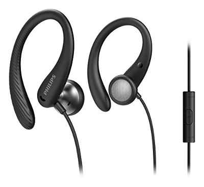 Philips Auriculares Deportivos Intrauditivos A1105BK/00 con Micrófono (Gancho de Oreja Flexible, Apertura Bass Beat, Resistentes al Sudor IPX2, Mando a Distancia Integrado) Negro - Modelo 2020/2021