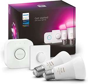 - Philips Hue: Pack de 2 Bombillas LED inteligentes + Botón Inteligente + Hue Bridge