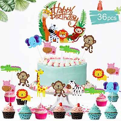 PHOGARY 36 Piezas Animales Decoraciones Torta para Decorar la Tarta de Niños Cumpleaños, Feliz Cumpleaños Pastel Topper Tema Selva de Niños Fiesta, Cupcake Toppers Fuentes del Partido