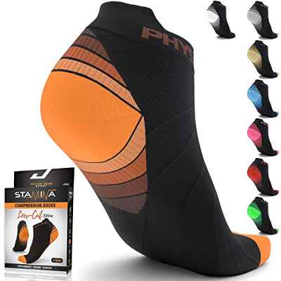 Physix Gear Sport Calcetines running hombres y mujeres, los mejores calcetines de compresión, calcetines tobilleros para la fascitis plantar hombre y mujer, 2 pares, L/XL gris/negro