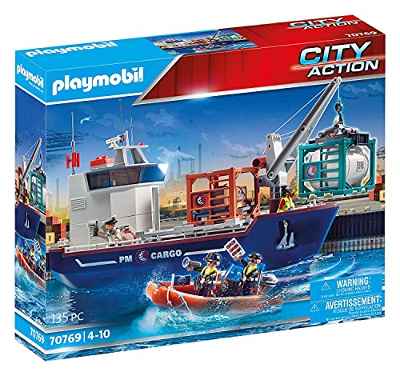 PLAYMOBIL City Action Gran Buque Portacontenedores con Barco Aduanero , A partir de 4 años (70769)