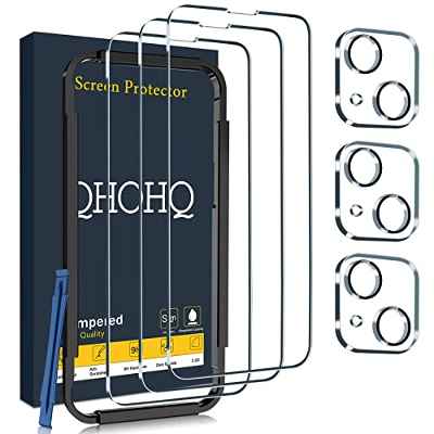 QHOHQ 3 Piezas Protector de Pantalla para iPhone 14 6.1"/iPhone 13 6.1" con 3 Piezas Protector de Lente de Cámara, Ultra HD Cristal Templado, 9H Dureza, Anti-Arañazos [Con marco de Fácil Instalación]