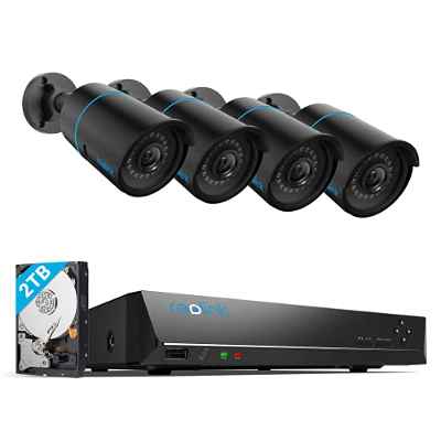 Reolink 5MP 8CH PoE Kit de Cámaras Vigilancia, con 4pcs Detección de Personas/vehículos PoE Cámaras Impermeable y 4K 2TB HDD NVR para Grabación Continua Visión Nocturna Audio, RLK8-510B4-A Negro