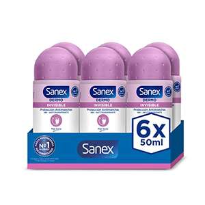 Sanex Dermo Invisible Desodorante Roll-On, Pack 6 Uds x 50 ml, Antitranspirante, Protección Antimanchas [Unidad 1'21€]