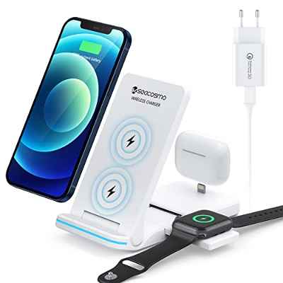 seacsomo Cargador Inalámbrico 3 en 1 Compatible con iPhone(7.5W) y QI móvil Samsung/Huawei(15W), Solo para iWatch(2.5W) y Airpods Pro/2/1(2.0W), Base de Cargador inductiva [con Adaptador QC 3.0]