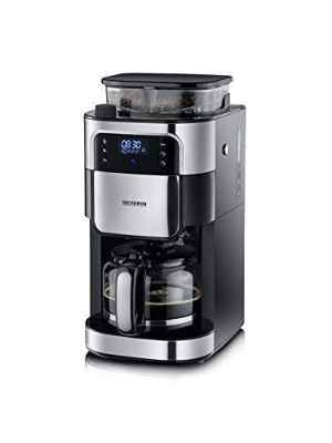 Severin KA 4813 - Cafetera con molinillo, pantalla LED, 1000 W, 1.25 L, color acero inoxidable cepillado y negro