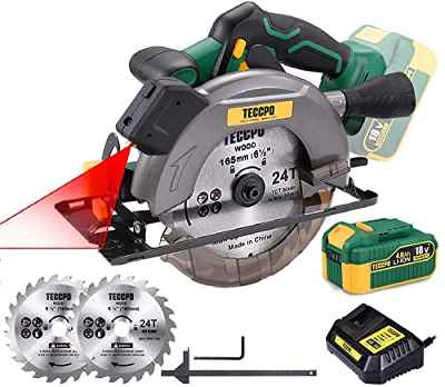 Sierra Circular sin Cable, POPOMAN 18V Sierra Circular 4300RPM, Batería de 4.0Ah, 2 Discos Ø165mm Hoja de sierra, Corte 52mm (90º), 35mm (45º), Cargador Rápido, Guía Laser, Motor de Cobre Puro