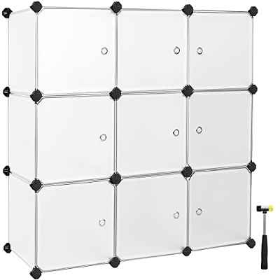 SONGMICS Estantería Modular, Armario Modular de 9 Cubos, Estantería de Plástico con Puertas, para Zapatillas, Ropa, Juguetes, Libros, Fácil de Montar, Blanco LPC116WS