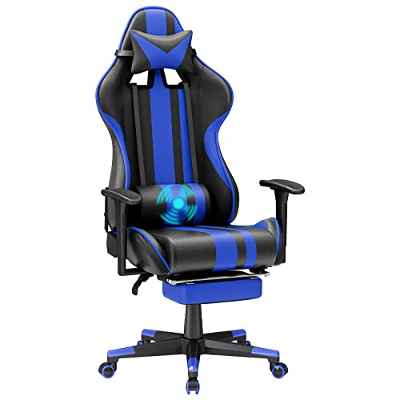 Soontrans Silla Gaming con Masajeador Ergonómico Sillas Gaming con Reposapies & Soporte de Cabeza & Vibración Masaje Soporte Lumbar, Cuero Tapizado, Silla Gamer Sillon Gaming para Livestreaming (Azul)