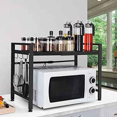 Soporte Extensible para Microondas mueble microondas Rejilla para microondas Rack de Almacenamiento ​de Horno Estante para Horno de sobre encimera de Cocina Estantería de Cocina con 3 Ganchos