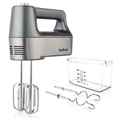 SveBake Batidora Amasadora de Varillas Cocina Electricas acero Inoxidable con Caja Almacenaje, Batidora Repostería Potente 250 W 5 Velocidades y Función Turbo, 2 Batidores/2 Ganchos de Mas