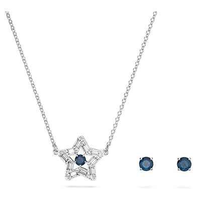 Swarovski Juego Collar y Pendientes Stella para Mujer, Cristal Azul y Transparente, en Baño de Rodio, Colección Stella de Swarovski