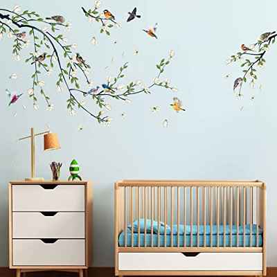 Tanlaby Blanco Flores Pegatinas de Pared Magnolia Adhesivos Vinilos Aves en Rama Árbol Decorativos Pared para Dormitorio Salón TV Sofá Pared sala de Estar Oficina Hogar Pegatinas