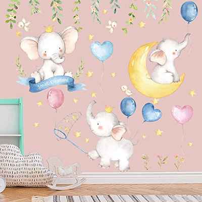 Tanlaby Elefantes Pegatinas de Pared Nubes Globos Animales Adhesivos Vinilos Hojas Verdes Decorativos Pared para Bebé Habitación Cuarto de Jugar Guardería Infantiles