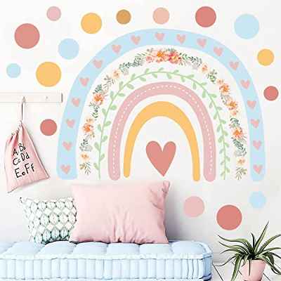 Tanlaby Grande Arcoiris flores Pegatinas De Pared Bohemias Puntos Circulares Adhesivos Vinilos Decorativos Pared para Niñas Dormitorios Cuarto de Jugar Bebés Guardería Habitación Infantiles…