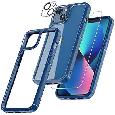 TAURI 5 in 1 Funda iPhone 13, con 2 Protector Pantalla + 2 Protector de Lente de Cámara, [a Prueba de Golpes Delgado][Protección Militar] Carcasa Protectora anticaída - Azul