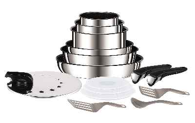 Tefal  - Set de 15 piezas, de aluminio con mango extraíble, sartenes de 22 y 26 cm, cazos de 16, 18 y 20 cm, 3 tapas , 1 tapas inox, 2 espátulas, 2 mangos intercambiables