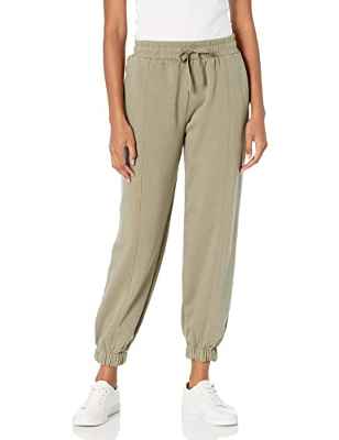 The Drop Dominique Pantalón Jogger Informal de Forro Polar Lavado con Costuras para Mujer, Verde Vetiver, M