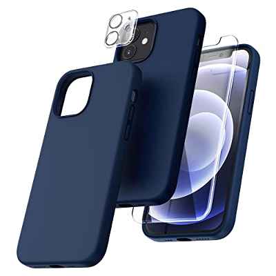 TOCOL 5 in 1 para Funda iPhone 12 (6.1"), con 2 Piezas Cristal Templado y 2 Piezas Cámara Protector, Silicona Líquida Ultrafina, [Antideslizante] [Antichoque] Carcasa iPhone 12, Azul