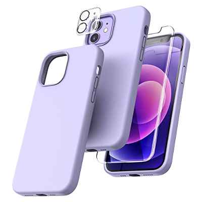 TOCOL 5 in 1 para Funda iPhone 12 (6.1"), con 2 Piezas Cristal Templado y 2 Piezas Cámara Protector, Silicona Líquida Ultrafina, [Antideslizante] [Antichoque] Carcasa iPhone 12, Moradas