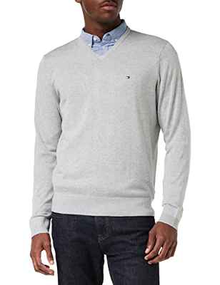 Tommy Hilfiger Core Cotton-Silk VNeck, Suéter para Hombre, Gris (Cloud Htr), S