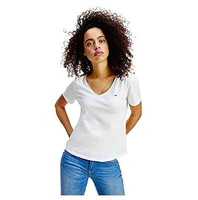 Tommy Hilfiger Tjw Slim Jersey V Neck Camiseta, Blanco (White), L para Mujer