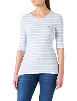 Tommy Hilfiger Top Ajustado con canalé Modal C-nk 1/2slv Camisa, Breton STP/Breezy Blue White, M para Mujer