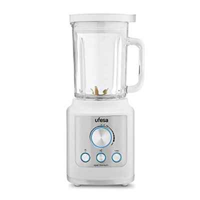 Ufesa BS4950 Batidora de Vaso, 2100 W, Jarra de Cristal de 1.8L, Control Electrónico LED de Velocidad, 3 Funciones, Turbo, Hielo, Smoothies, 6 Cuchillas de Titanio, Libre de BPA, Inox Blanco