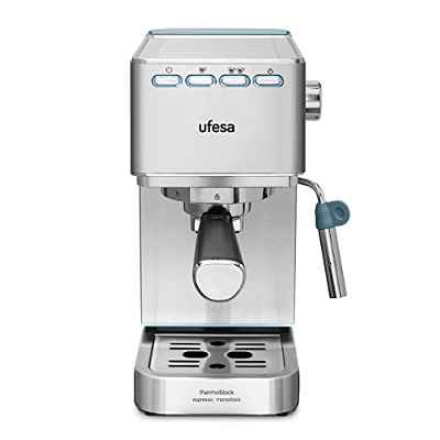 Ufesa CE8020 Capri Cafetera Expresso y Capuccino, 20 Bares, 1350W, Sistema Thermoblock, Vaporizador Orientable, 2 Modos: Café Molido o Monodosis, Depósito 1.4L, 1 o 2 Cafés, Apagado Automático, Inox