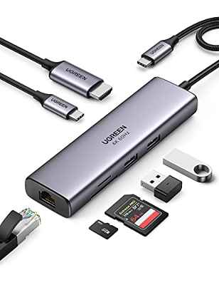 UGREEN Hub USB C, Adaptador USB C Hub a 4K 60Hz HDMI, Gigabit Ethernet RJ45, Lector Tarjeta SD TF, USB 3.0 Hub, 100W PD Carga Compatible con Macbook Pro Air M1 2020, DELL XPS, Chromecast con Google TV