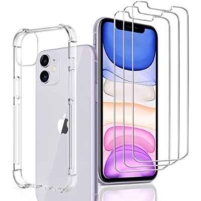 ULUQ Funda Compatible con iPhone 11,con 3 Piezas Cristal Templado Protector de Pantalla,Transparente Suave TPU Silicona Anti-Choque Caso Delgada Anti-arañazos Carcasa Case