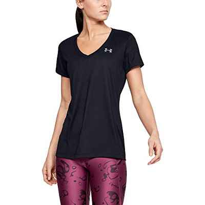 Under Armour Tech Short Sleeve V-Solid Camiseta, Mujer, Negro (Black/Metallic Silver 002), M