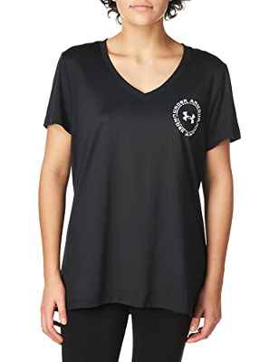 Under Armour UA Tech Solid LC Crest SSV Manga Corta Deportiva Que Absorbe el Sudor con tecnología antiolor, Camiseta de Mujer Hecha con Botellas de Agua recicladas, Negro, M-L