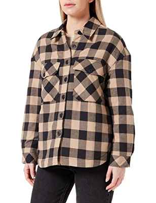 Urban Classics Overshirt Acolchado de Franela para Mujer Chaqueta, Negro/SofttTaupe, XXL